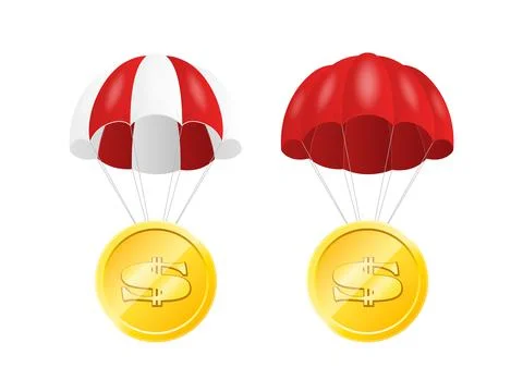 Vector 3d Realistic Golden Dollar Coin, Cent with Parachute Set Isolated. Rising 스톡 일러스트