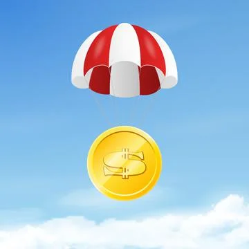 Vector 3d Realistic Golden Dollar Coin, Cent with Parachute in Blue Sky 스톡 일러스트