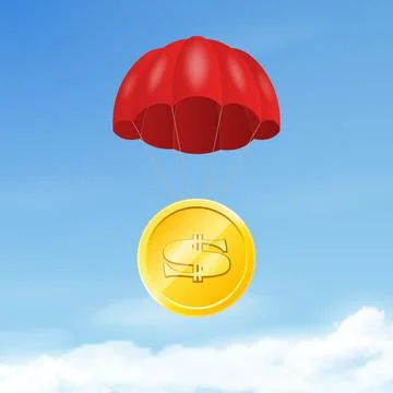 Vector 3d Realistic Golden Dollar Coin, Cent with Red Parachute in Blue Sky Stock Illustration