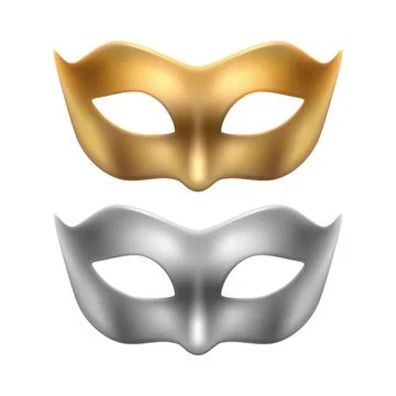 Vector 3d Realistic Golden, Silver Carnival Face Mask Icon Set, Masks for Party Stock Illustration