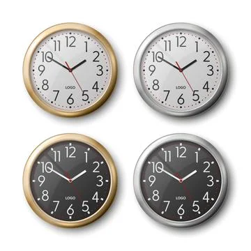 Vector 3d Realistic Golden, Silver Chrome, Steel Round Wall Office Clock Set イラスト素材