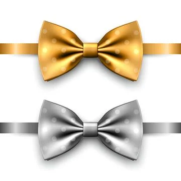Vector 3D Realistic Golden, Silver Bow Tie Icon Set Closeup Isolated. Silk Illustrazione stock