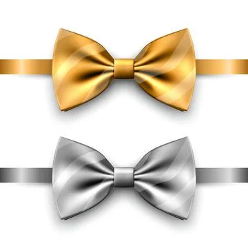 Vector 3D Realistic Golden, Silver Bow Tie Icon Set Closeup Isolated. Silk Illustrazione stock