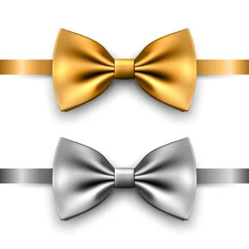 Vector 3D Realistic Golden, Silver Bow Tie Icon Set Closeup Isolated. Silk Stock Illustration