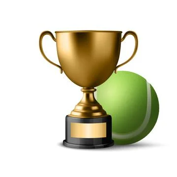 Vector 3d Realistic Golden Trophy Cup Icon with Tennis Ball. Sports Award Stock Illustration