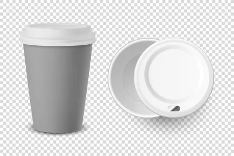 Vector 3d Realistic Gray Disposable Closed and Opened Paper, Plastic Coffee Cup 스톡 일러스트