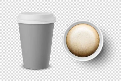 Vector 3d Realistic Gray Disposable Closed and Opened Paper, Plastic Coffee Cup 스톡 일러스트