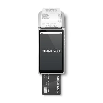 Vector 3d Realistic Gray Silver Payment Machine. POS Terminal, Paper Receipt Illustrazione stock