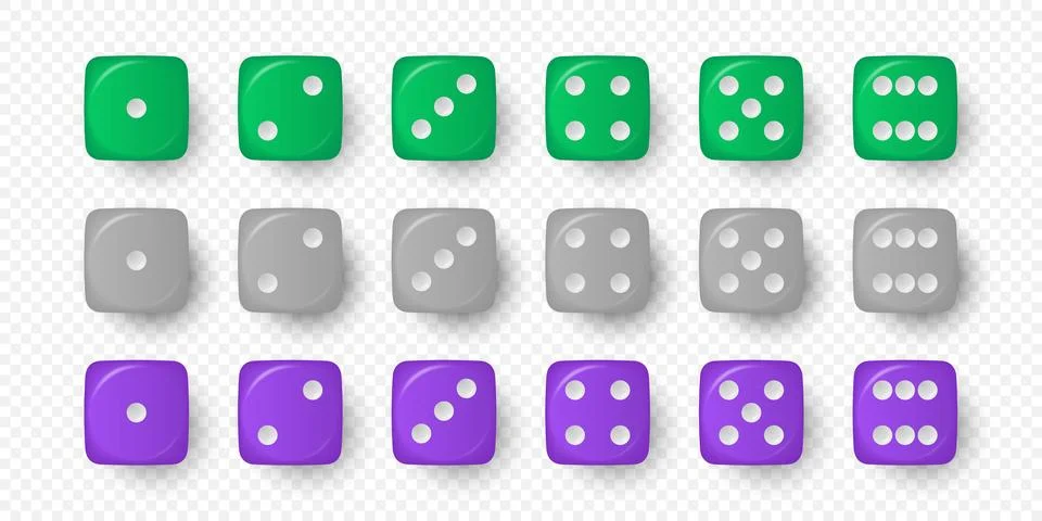 Vector 3d Realistic Green, Gray and Purple Game Dice Icon Set Closeup Isolated Stock Illustration