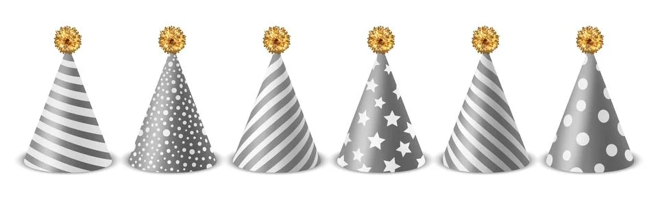 Vector 3d Realistic Grey and White Birthday Party Hat Icon Set Isolated on White Stock Illustration