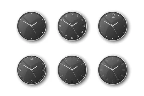 Vector 3d Realistic Grey Silver, Steel Metal Wall Office Clock Icon Set Isolated 스톡 일러스트