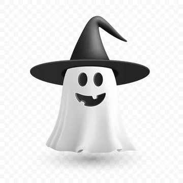 Vector 3d Realistic Happy Ghost in Witch Hat. Spooky Halloween Ghost, Cute Illustrazione stock