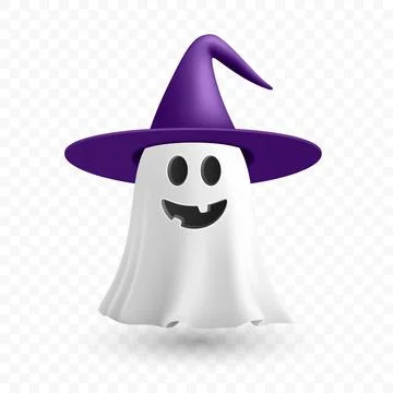 Vector 3d Realistic Happy Ghost in Witch Hat. Spooky Halloween Ghost, Cute Stock Illustration