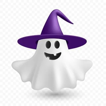 Vector 3d Realistic Happy Ghost in Witch Hat. Spooky Halloween Ghost, Cute Stock Illustration