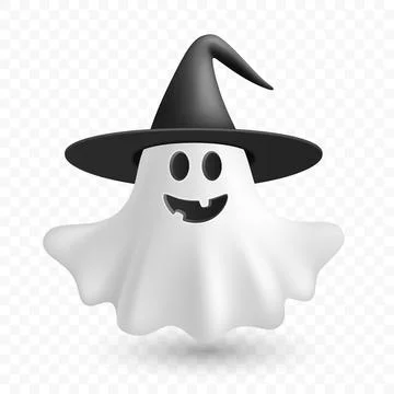 Vector 3d Realistic Happy Ghost in Witch Hat. Spooky Halloween Ghost, Cute Stock Illustration
