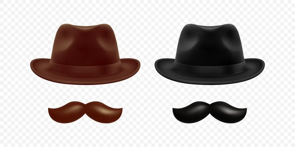 Vector 3d Realistic Hat and Mustache Set in Brown and Black. Vintage Gentleman Stock Illustration