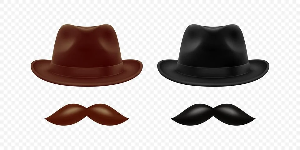 Vector 3d Realistic Hat and Mustache Set in Brown and Black. Vintage Gentleman Stock Illustration
