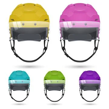 Vector 3d Realistic Hockey Helmet with Visor Set, Front View. Yellow Pink Blue Illustrazione stock