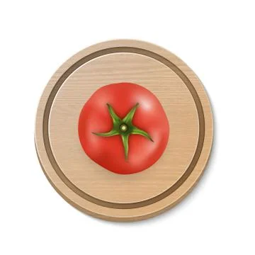 Vector 3d realistic juicy tomato on a round cutting board. Design template for Stock Illustration
