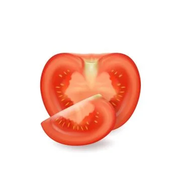 Vector 3d realistic juicy tomato closeup isolated on white background. Slice and 스톡 일러스트
