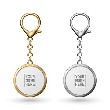 Vector 3d Realistic Keychain Set. Gold, Silver Round Key Tag with Chain for Stock Illustration