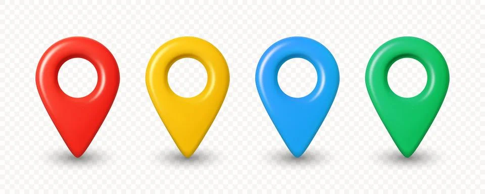 Vector 3d Realistic Map Pin Icons in Red, Yellow, Blue, Green for GPS Map Pin Stock Illustration