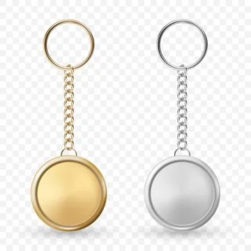 Vector 3d Realistic Metal Keychain Mockup Set in Gold and Silver. Blank Round Stock Illustration