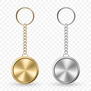 Vector 3d Realistic Metal Keychain Mockup Set in Gold and Silver, Isolated Stock Illustration