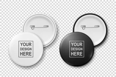 Vector 3d Realistic Metal or Plastic White, Black Blank Button Badge Set Closeup Illustrazione stock