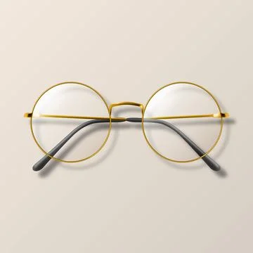 Vector 3d Realistic Metal Round Frame Glasses. Yellow Golden Color Frame Stock Illustration