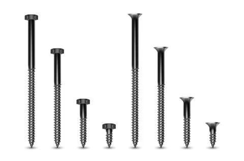 Vector 3d Realistic Metal Silver Construction Fasteners Icon Set Closeup Stock Illustration