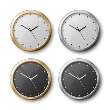 Vector 3d Realistic Metal Wall Office Clock Icon Set Isolated on White. White Illustrazione stock