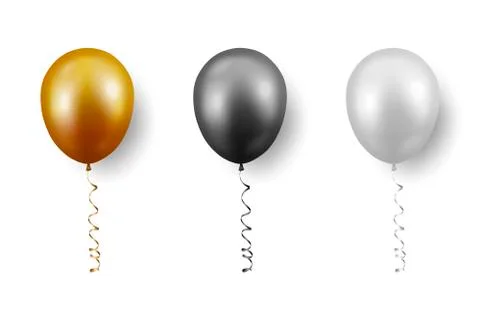 Vector 3d Realistic Metallic Golden, Black, White Balloon with Ribbon Set 스톡 일러스트
