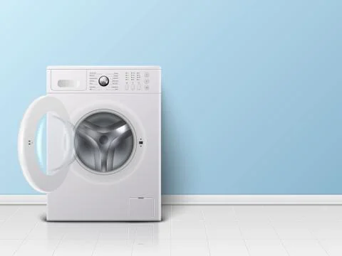 Vector 3d Realistic Modern White Steel Opened Washing Machine Closeup. Design Stock Illustration
