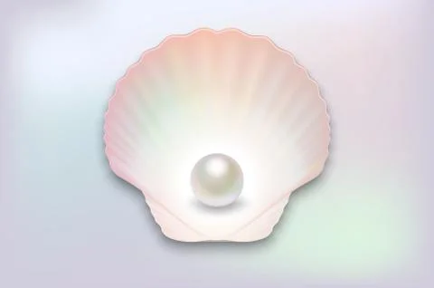 Vector 3d Realistic Natural Open Half Shell with Pearl Close up on Pearl Color Stock Illustration