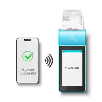 Vector 3d Realistic NFC Payment Terminal with Smartphone Closeup. Approved Stock Illustration