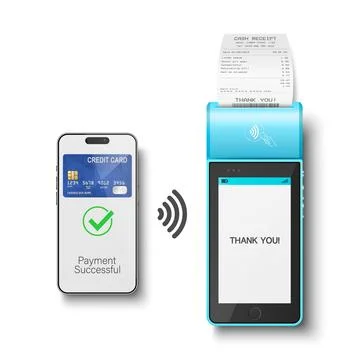 Vector 3d Realistic NFC Payment Terminal with Smartphone Closeup. Approved Stock Illustration