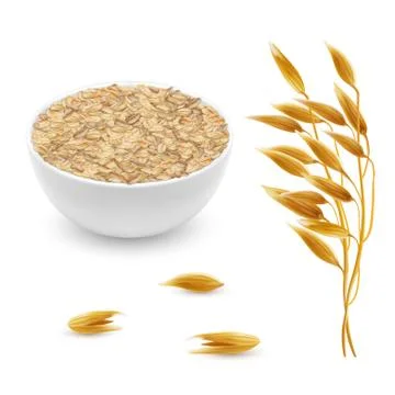 Vector 3d realistic oat ears, grains, bowl Stock Illustration