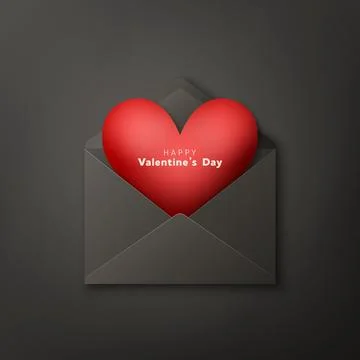 Vector 3d Realistic Opened Black Envelope with Red Heart Inside Closeup Isolated Ilustração Stock
