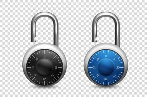 Vector 3d Realistic Opened Metal Steel Chrome Silver Padlock Icon Set Closeup Stock Illustration