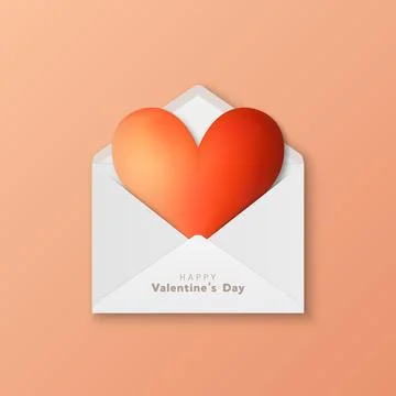 Vector 3d Realistic Opened White Envelope with Red Heart Inside Closeup Isolated Ilustração Stock