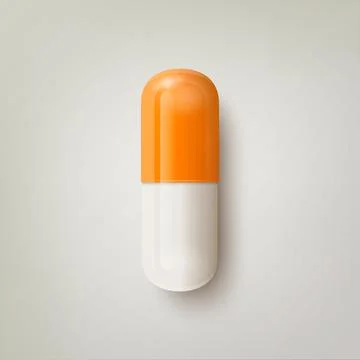 Vector 3d Realistic Orange and White Pharmaceutical Medical Pill, Capsule Stock Illustration