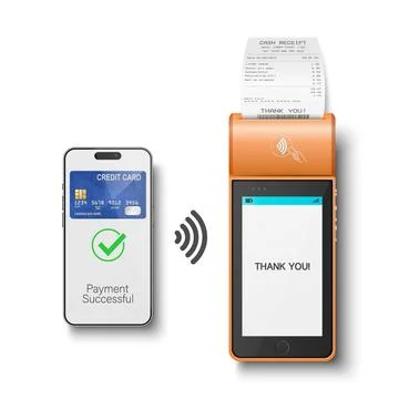 Vector 3d Realistic Orange NFC Payment Terminal with Smartphone Closeup Stock Illustration