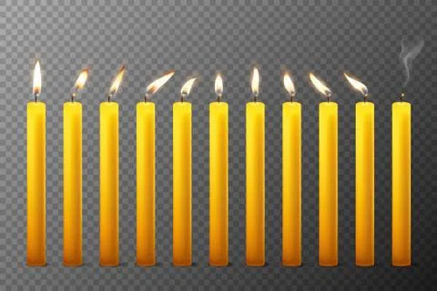 Vector 3d Realistic Orange Paraffin or Wax Burning Candles with Different Flame Illustrazione stock
