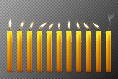 Vector 3d Realistic Orange Paraffin or Wax Burning Candles with Different Flame Stock-Illustration