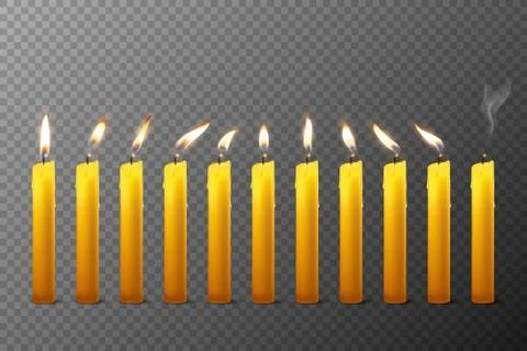 Vector 3d Realistic Orange Paraffin or Wax Burning Candles with Different Flame 스톡 일러스트