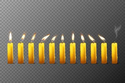 Vector 3d Realistic Orange Paraffin or Wax Burning Candles with Different Flame Illustrazione stock