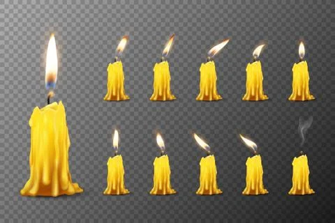 Vector 3d Realistic Orange Paraffin or Wax Burning Candles with Different Flame 스톡 일러스트