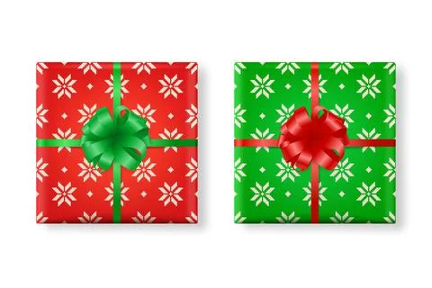 Vector 3d Realistic Paper Green, Red Christmas Gift Box, Bow Icon Set. Christmas Stock Illustration
