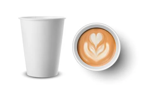 Vector 3d Realistic Paper, Plastic White Disposable Coffee Cup with Milk Coffee Stock Illustration